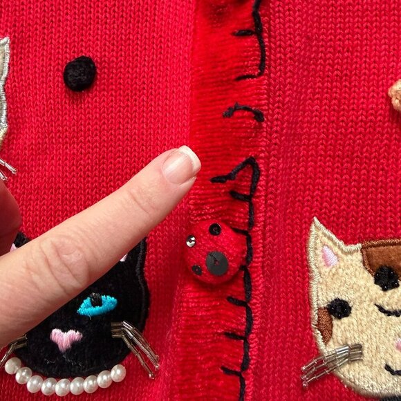 VINTAGE 80s Berek by Takako Sakon Red Cat Cardigan Sweater Medium - Picture 13 of 15